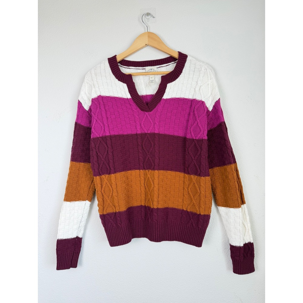 St Johns Bay Womens Cotton Blend Sweater M Multicolor Colorblock Cable Knit Top
